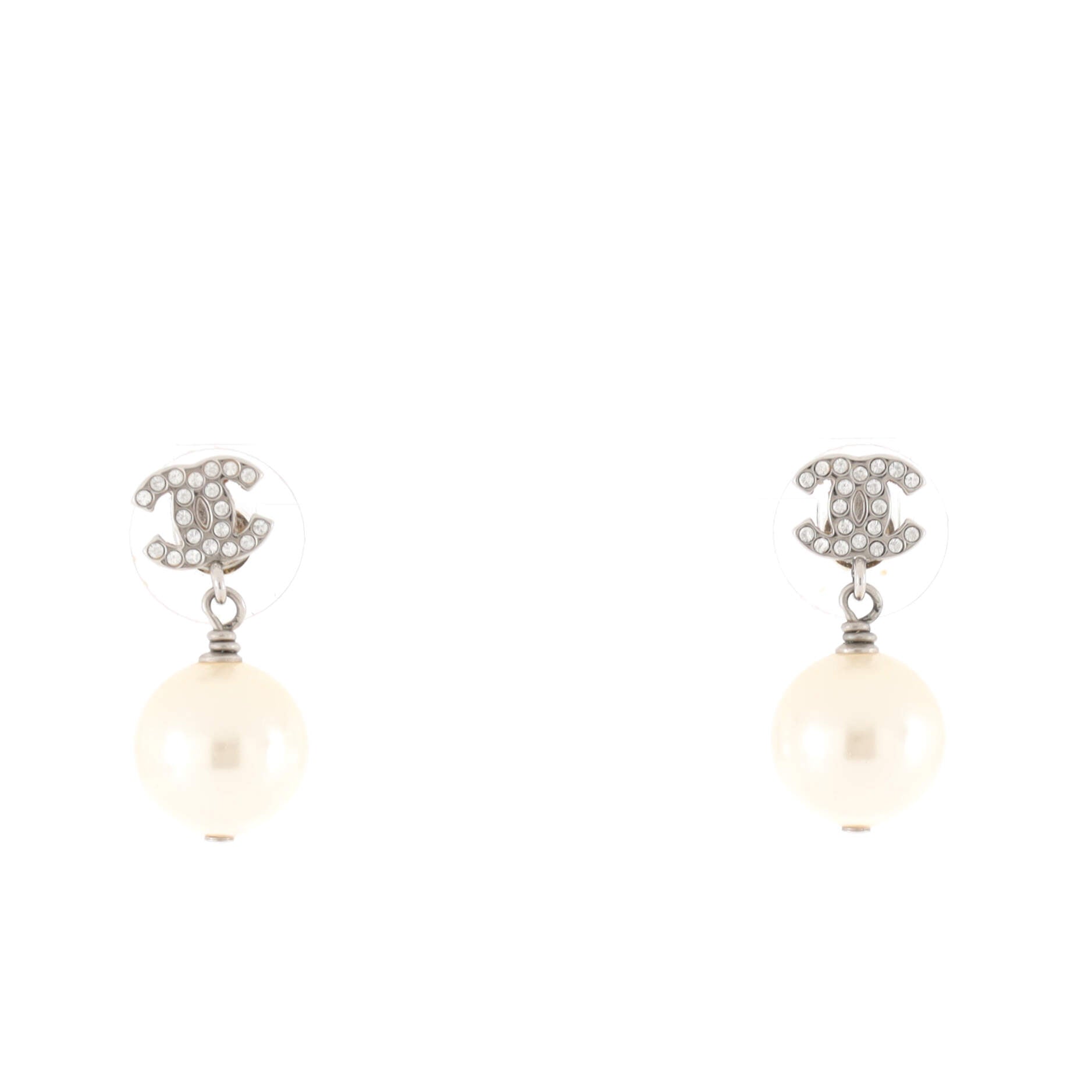 Chanel CC Dangle Earrings Crystal Embellished Metal with Faux Pearls