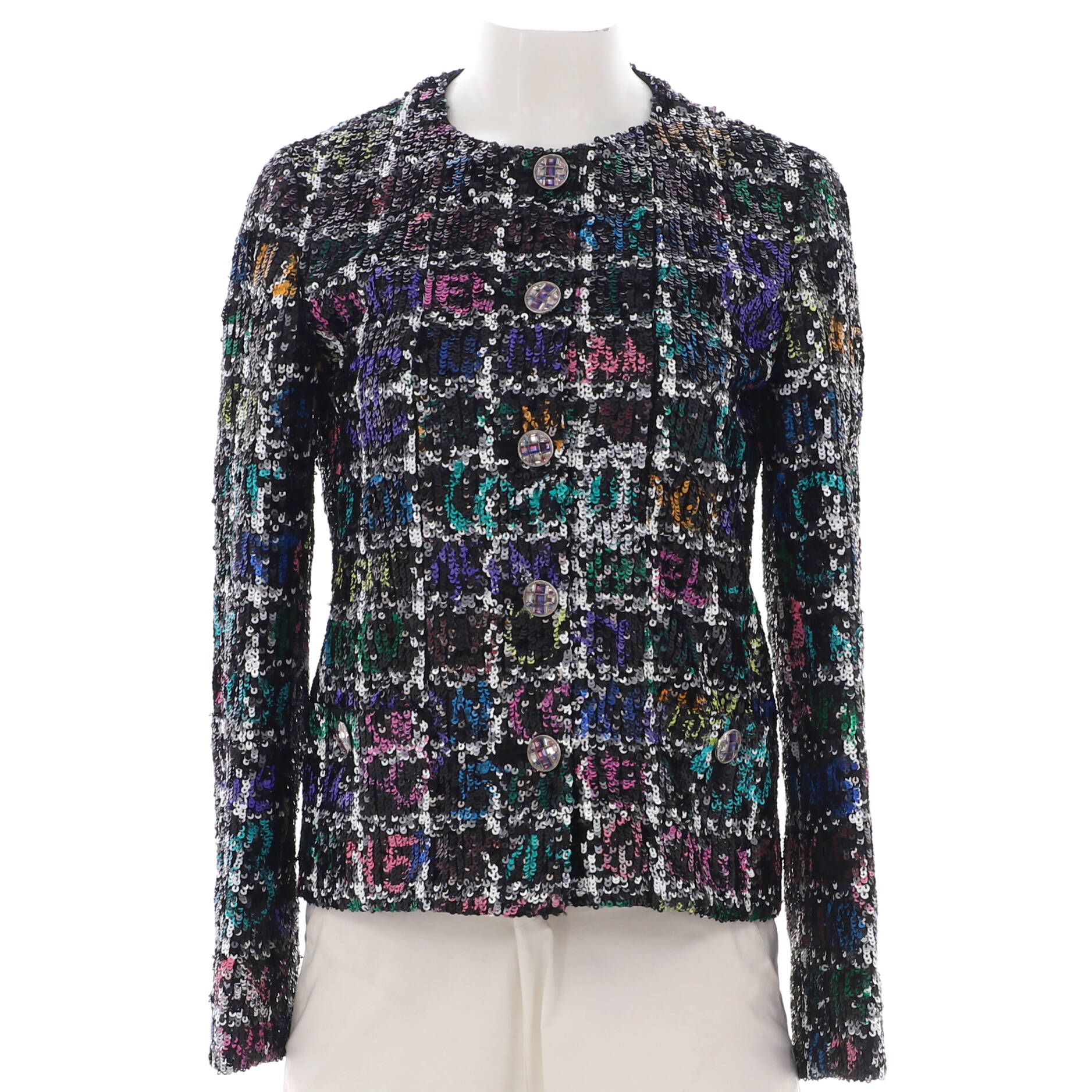 Chanel Women's Florence Two Pocket Collarless Button Up Jacket Sequin Embellished Polyester
