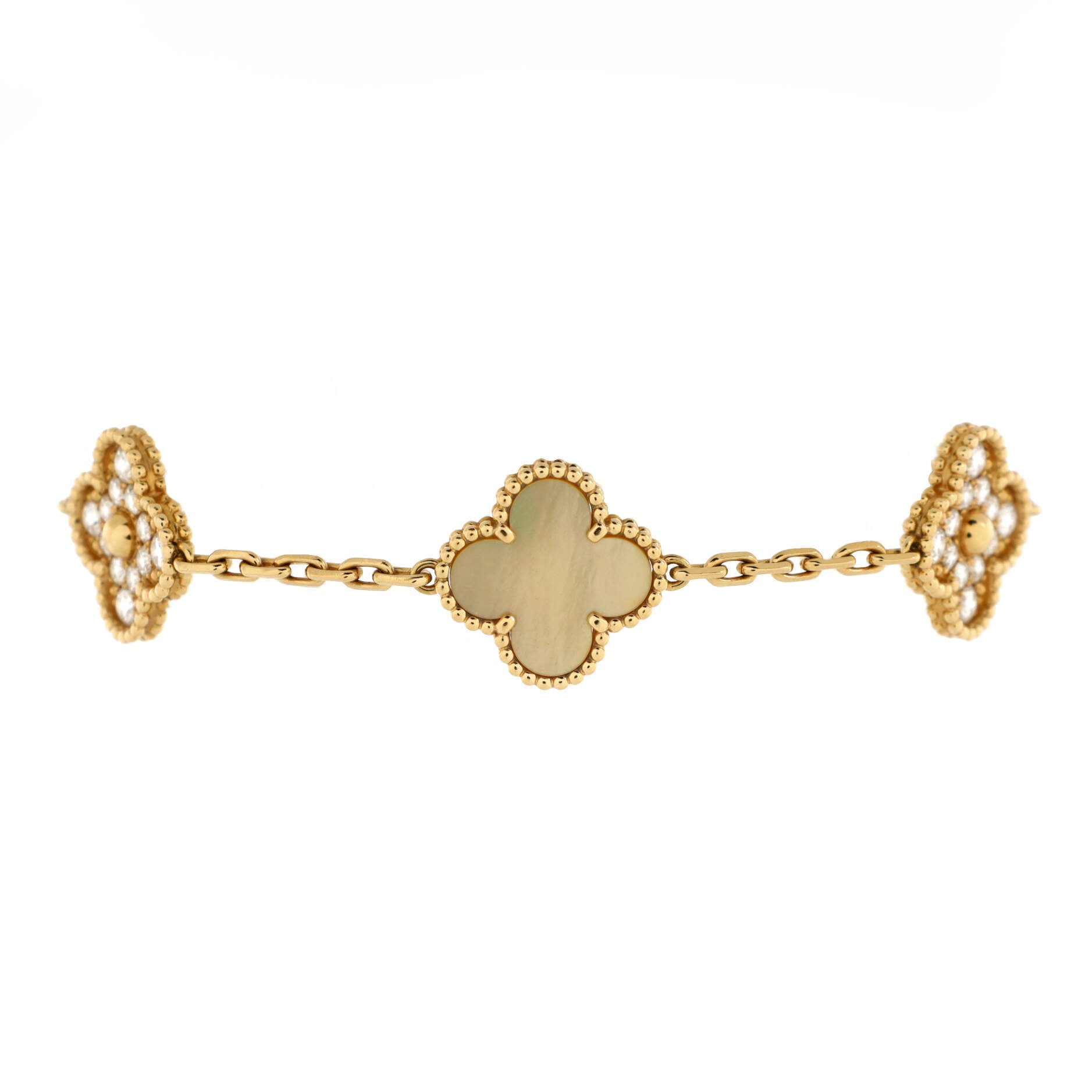 Van Cleef & Arpels Vintage Alhambra 5 Motifs Bracelet 18K Yellow Gold and Yellow Mother of Pearl with Diamonds