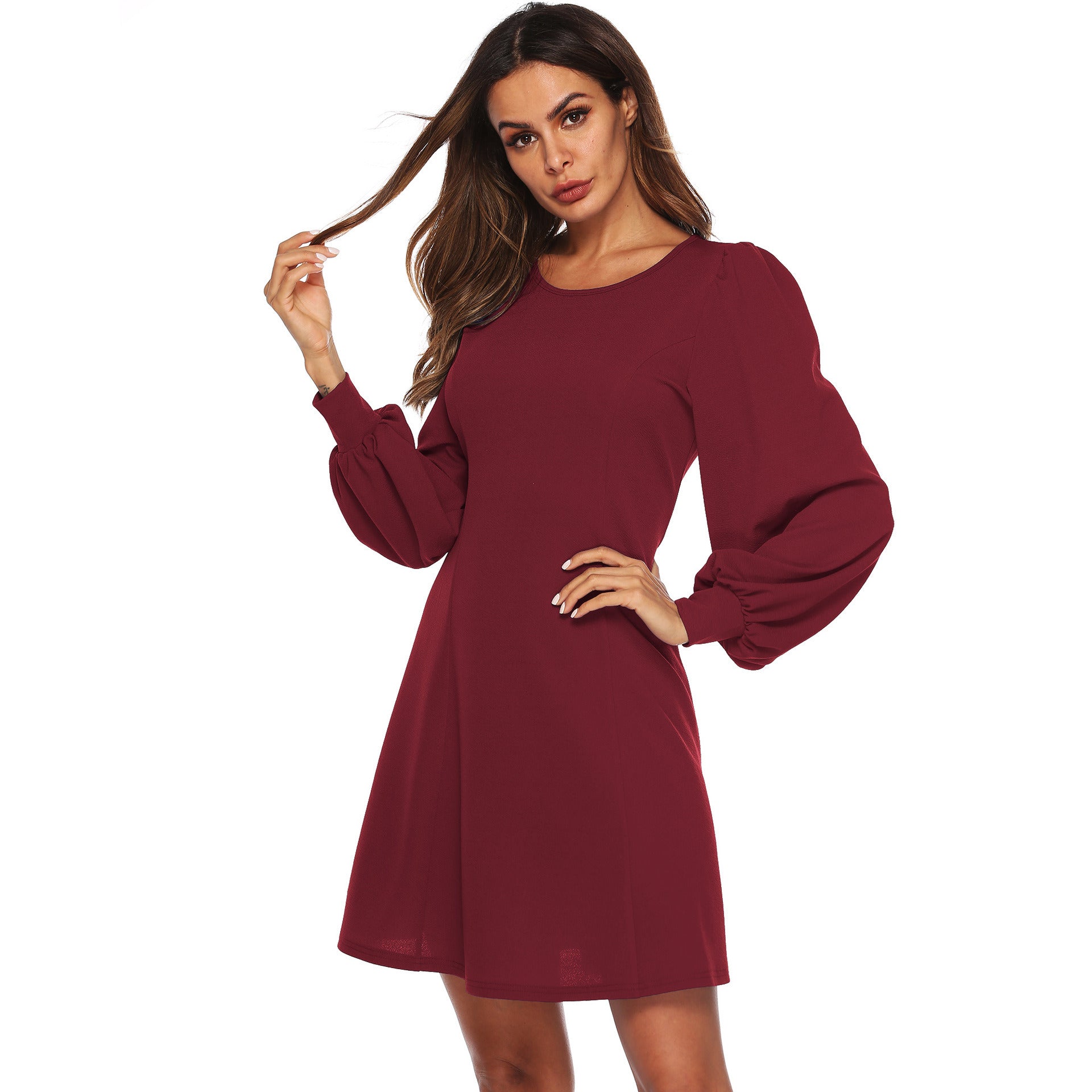 New Dress Female Long Sleeve Slim Autumn and Winter High Collar Lantern Sleeves Solid Color