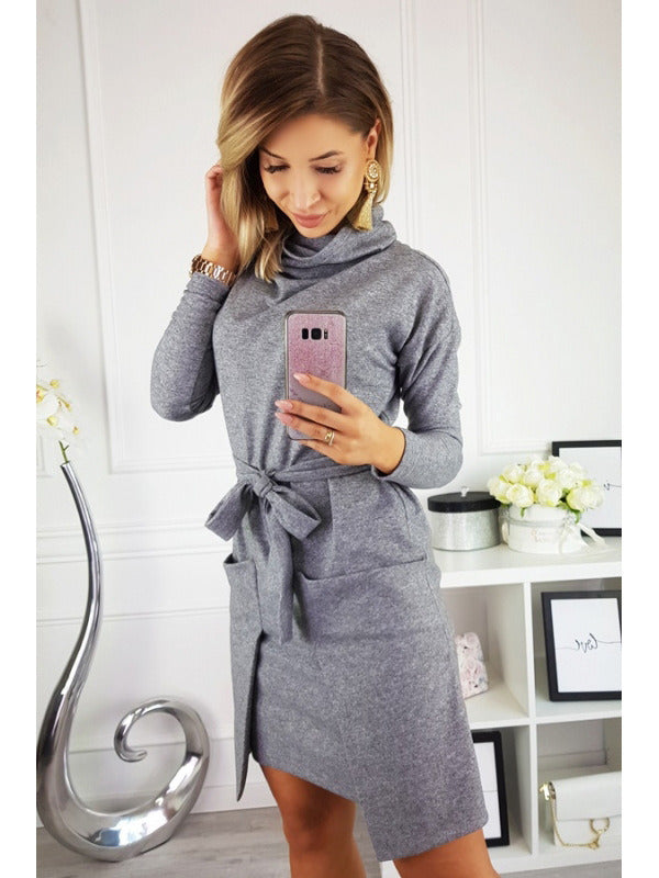 Europe and the United States new pile of collar long-sleeved large pocket dress with belt