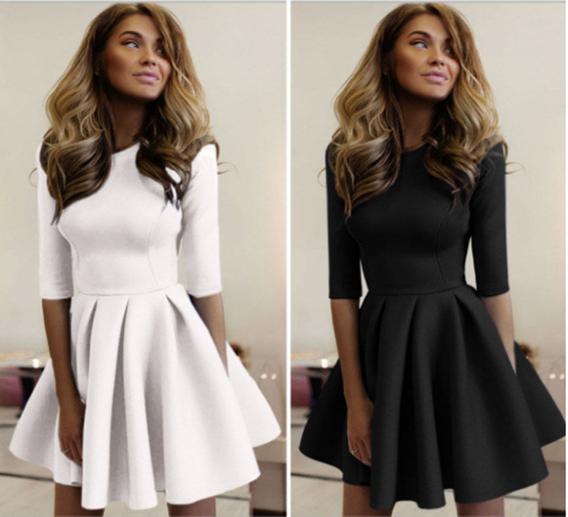 Fashion Hot Sale O-neck Pleated Dress Collect Waist Slim Women Mini Princess Dresses