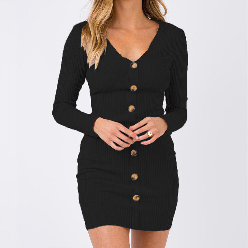 European and American fashion sexy temperament slim button V-neck long-sleeved dress