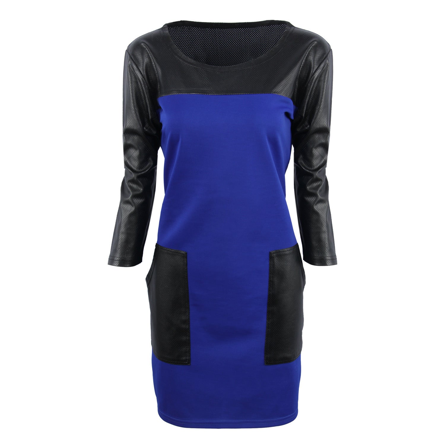 High Quality Women's Fashion Sexy Round Neck Stitching PU Leather Dress