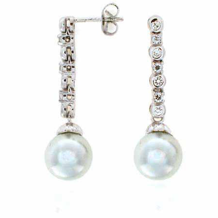 Sterling Silver Simulated Diamond CZ Glass Simulated Pearl Drop Bridal/Wedding Earrings