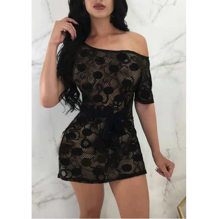 European and American women's sexy nightclub mesh lace perspective lace dress