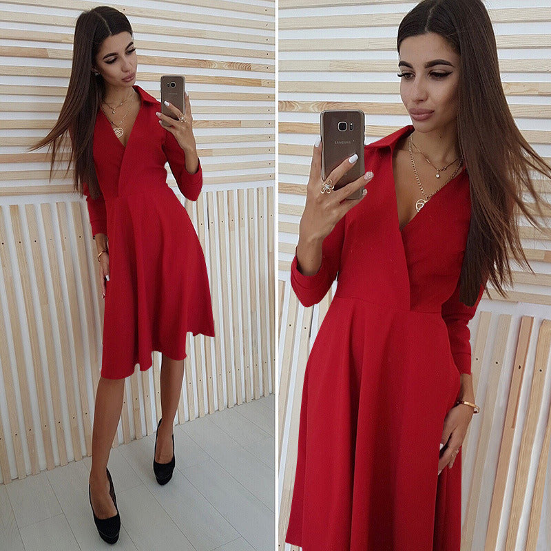 Autumn and Winter Hot Dress Sexy Lapel Stacked Side Dress