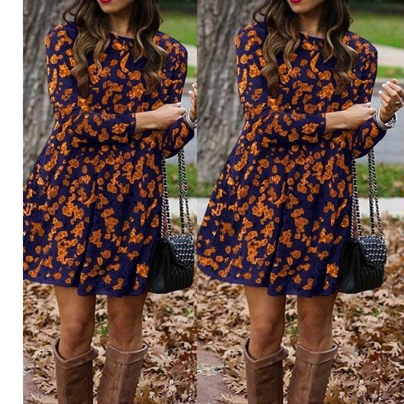 Autumn and winter new ladies print dress round neck long-sleeved dress autumn and winter skirt