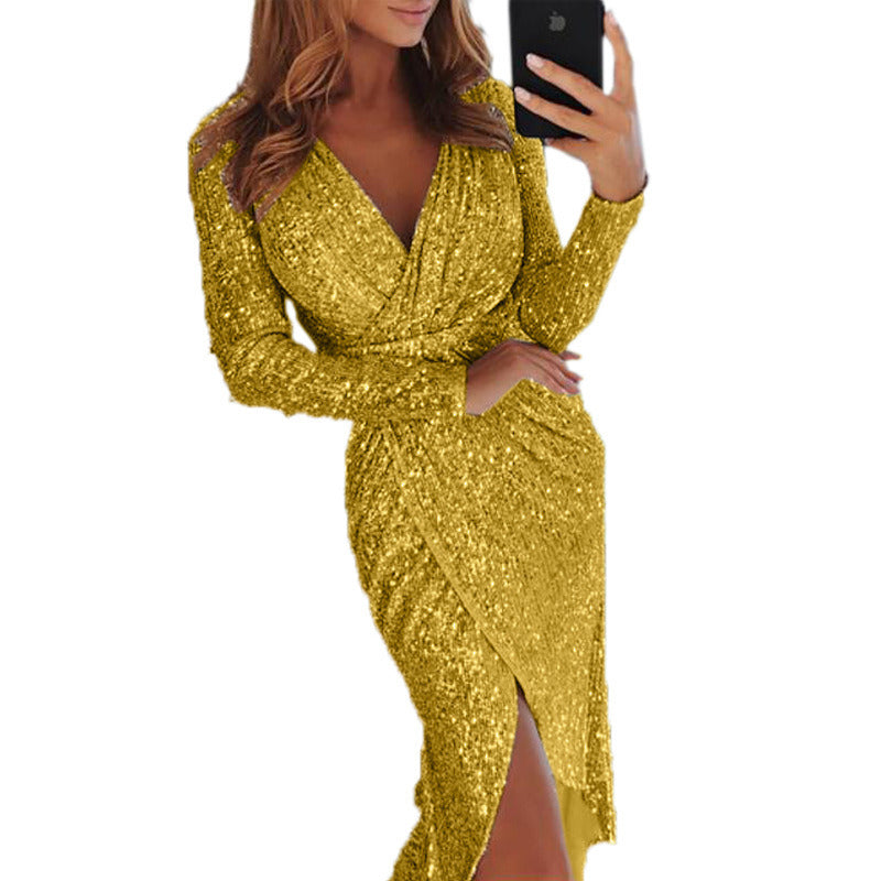Womens Long Sleeve Deep V Neck Shiny Sequins Bodycon Party Clubwear Dress