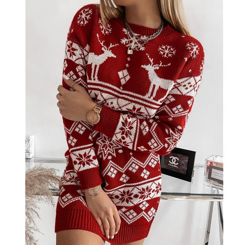 2021 Christmas Theme Ladies New Sweater Elk Snowflake Christmas Jacquard Knitted Dress