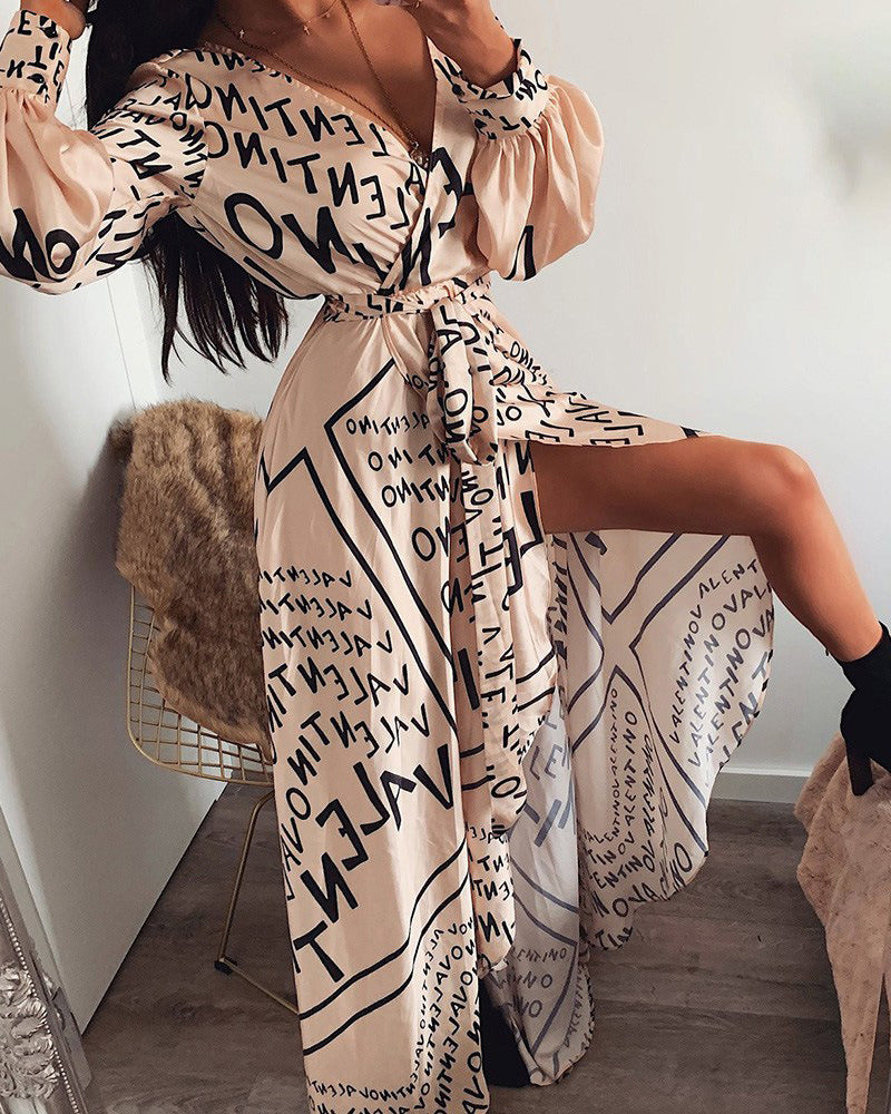 Women's Spring and Summer Letter Printing V-neck Long Skirt Corset Dress