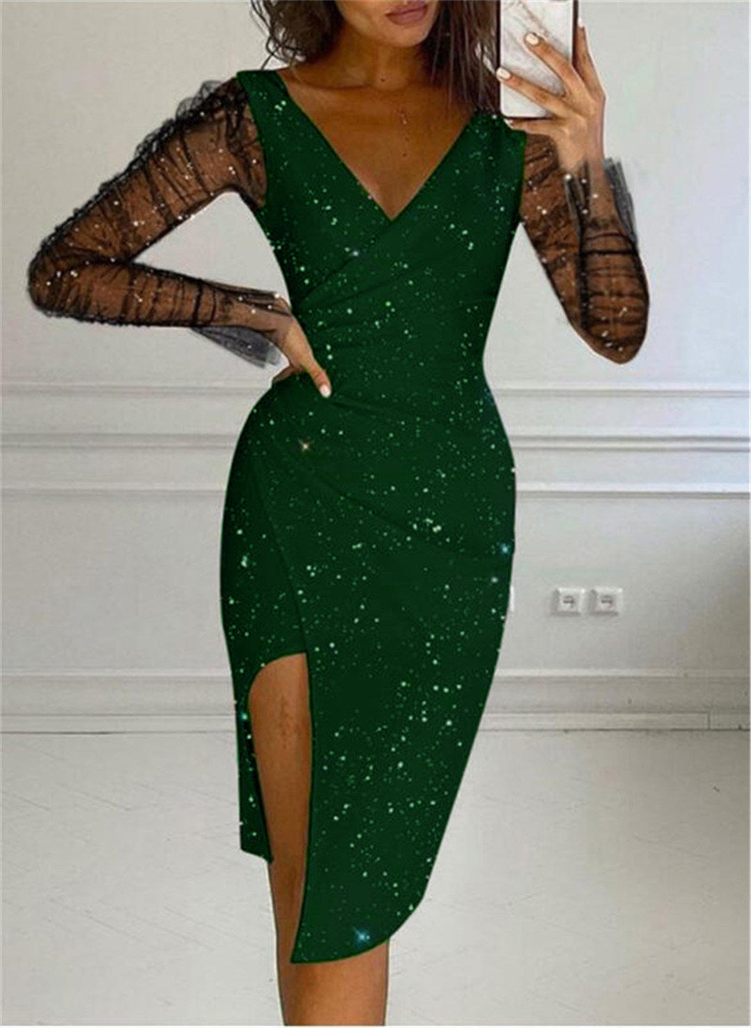 New autumn and winter women's wear hot diamond V-neck wrap hip sexy mesh dress women