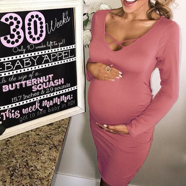 Women's New Solid Color V-neck Maternity Dress