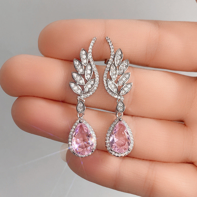 Luxury 925 Silver Plated Feather Micro Paved Zircon Pink Gemstone Teardrop Earrings For Women Wedding Romantic Jewelry